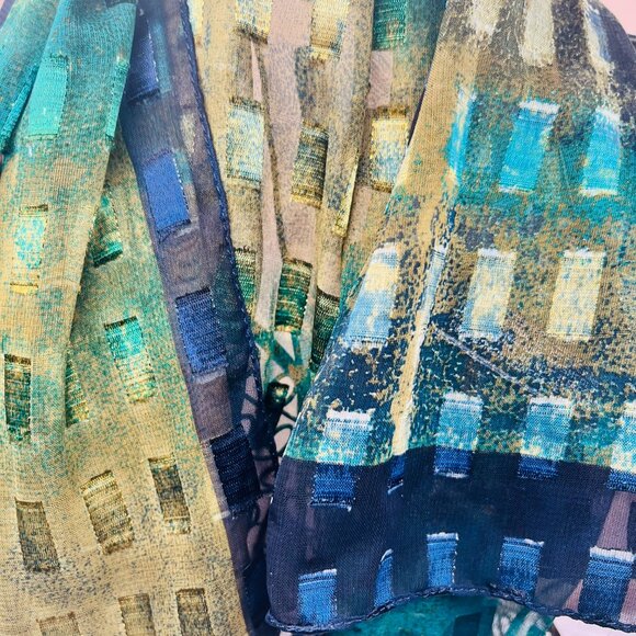 Vintage Modernist Geometric Scarf — Blue, Green & Gold Pattern - Picture 11 of 16